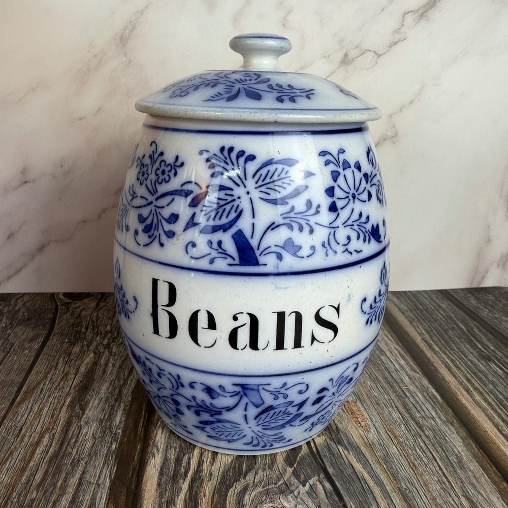 German Blue White Floral Beans Canister with Lid Cottagecore Farmhouse Kitchen